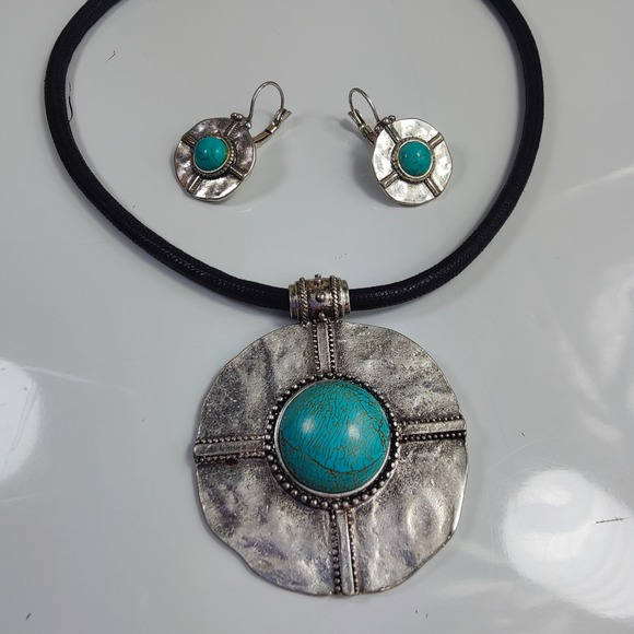 Vintage Boho Turquoise Pendant Necklace Choker Earrings Set Tribal Southwestern - Picture 2 of 8